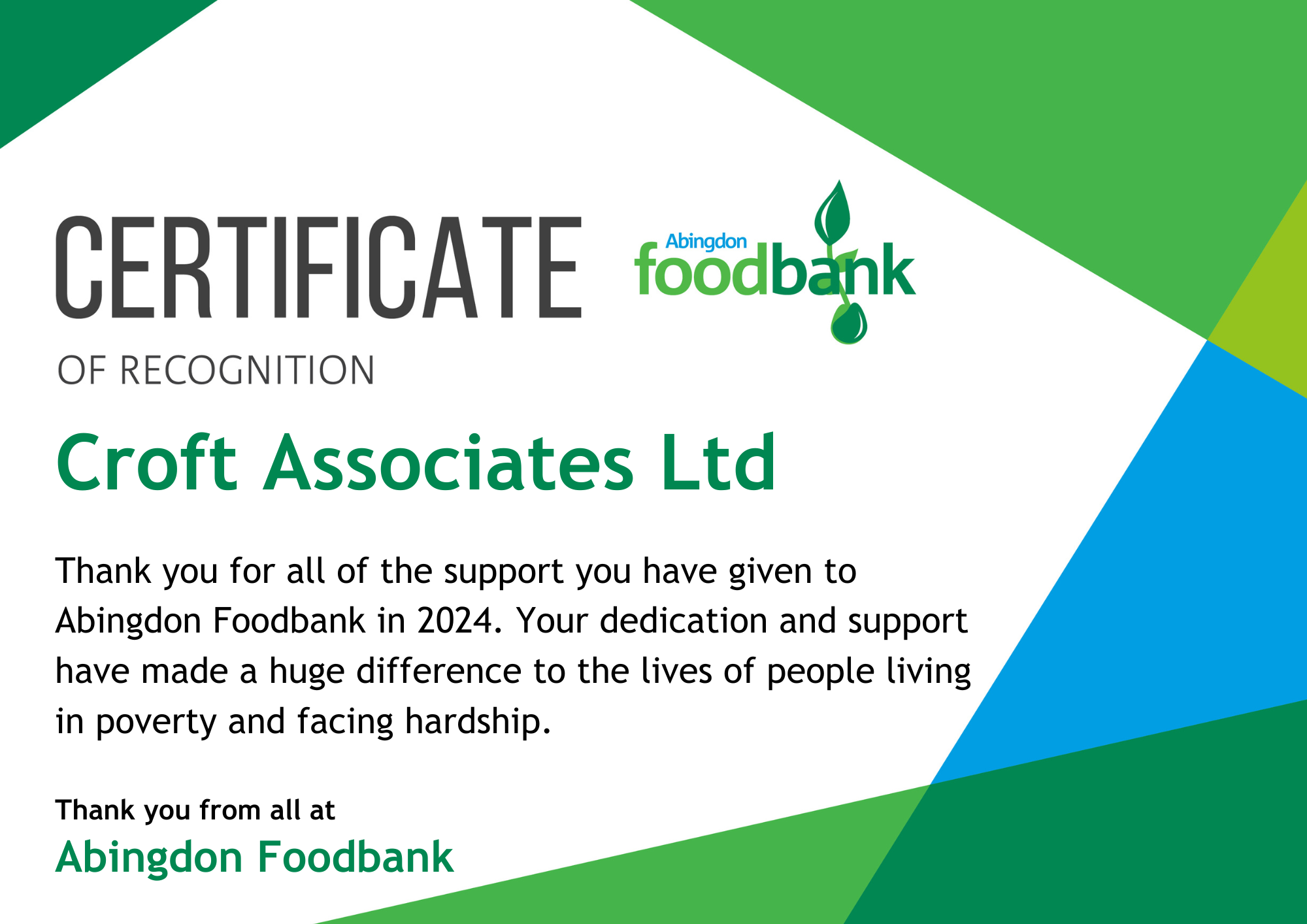 Croft continues their support for the local foodbank with an Easter collection